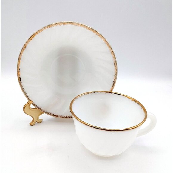 Fire King White Swirl Gold Trim Glass Coffee or Tea Cup and Saucer - Picture 1 of 10